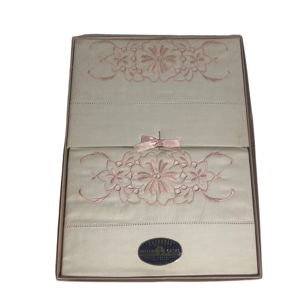 Progress embroidered white/pink flower vintage pillowcase set. New in box